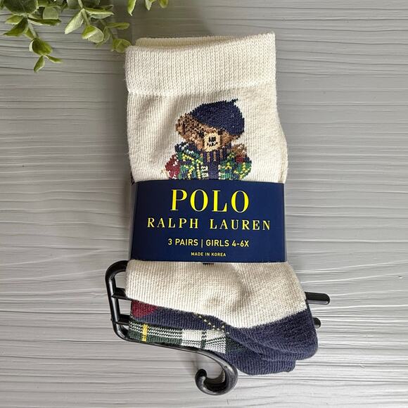 Polo Ralph Lauren Girl's Socks Polo Bear Set of 3 pairs 10-13 shoes / 4-6x socks - Picture 1 of 7